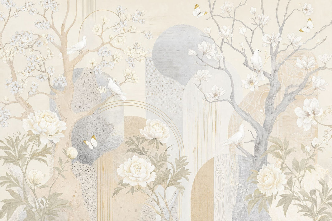 Magnolia Bird Wallpaper Neutral Chinoiserie Branches Wall Mural pattern artwork