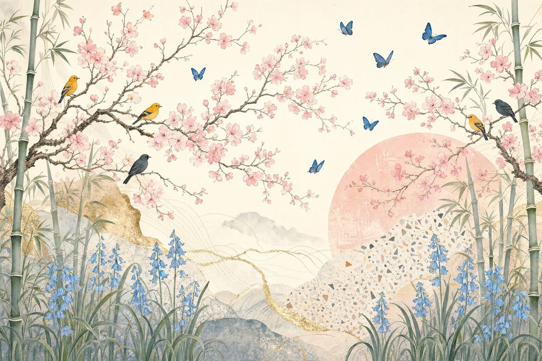 Cherry Blossom Wallpaper Birds Bamboo Chinoiserie Wall Mural pattern artwork