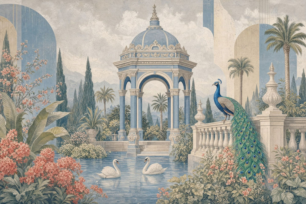 Palace Garden Wallpaper Blue Pavilion Peacock Wall Mural pattern artwork