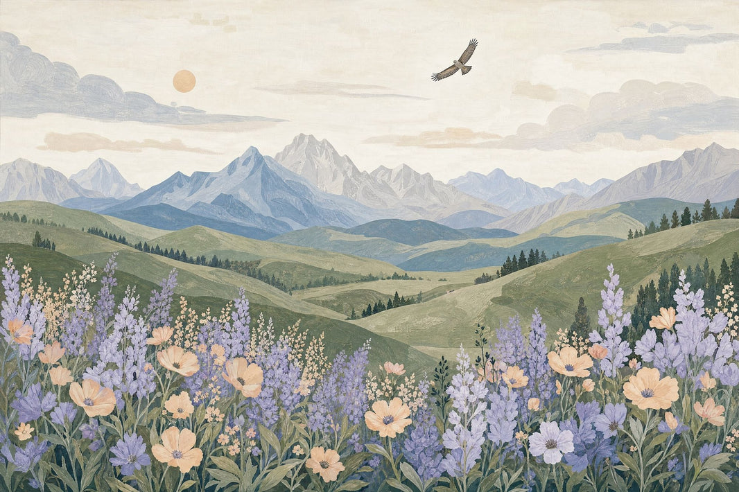 Mountain Landscape Wallpaper Wildflower Meadow Wall Mural pattern artwork