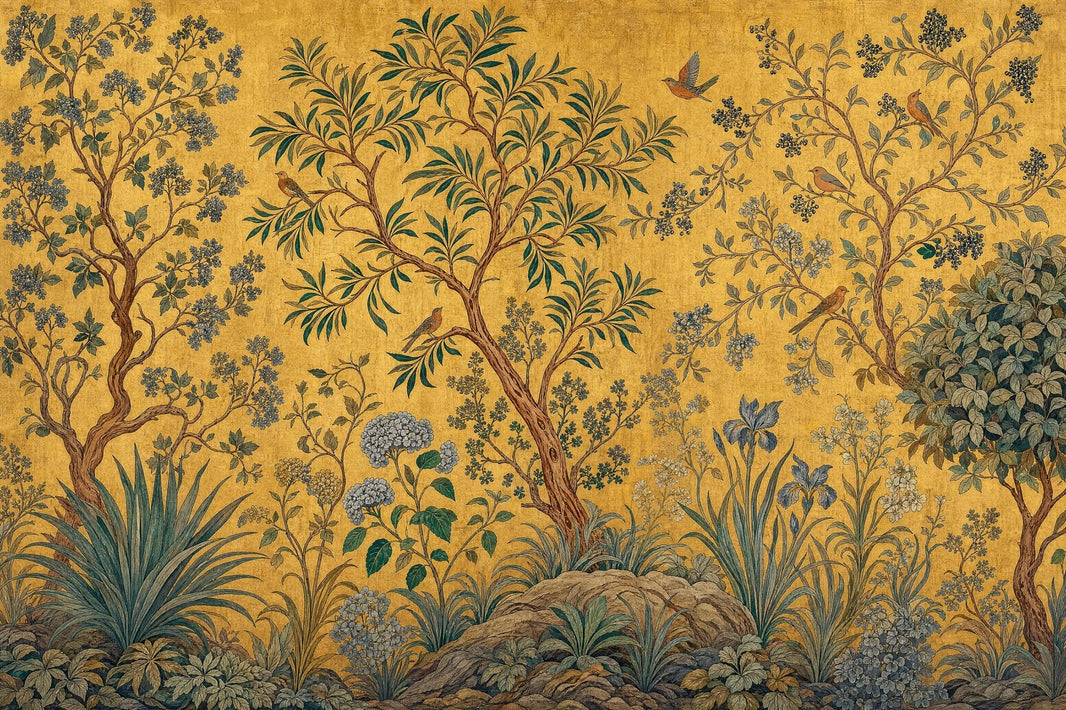 Botanical Tree Wallpaper Golden Chinoiserie Birds Wall Mural pattern artwork