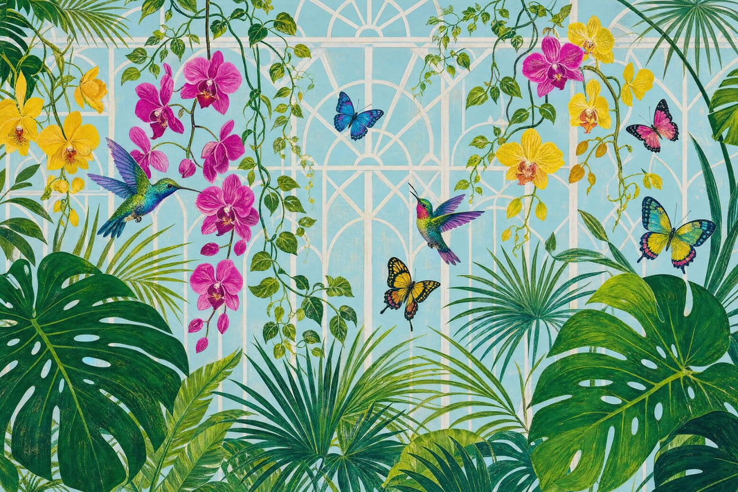 Tropical Orchid Wallpaper Hummingbirds and Butterflies Wall Mural pattern artwork