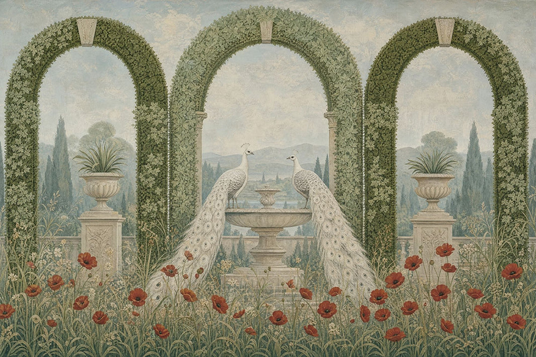 Peacock Garden Wallpaper Arched Topiary Landscape Wall Mural pattern artwork