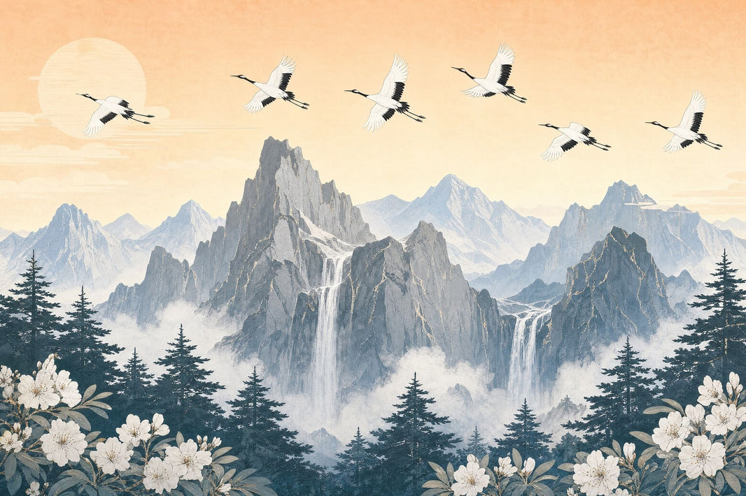 Mountain Landscape Wallpaper Waterfall Cranes Wall Mural pattern artwork