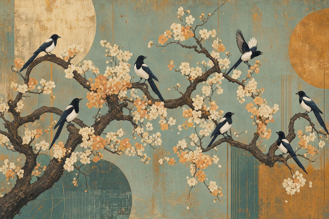 Cherry Blossoms Wallpaper Teal Background Garden Mural Removable Wall Decor pattern artwork
