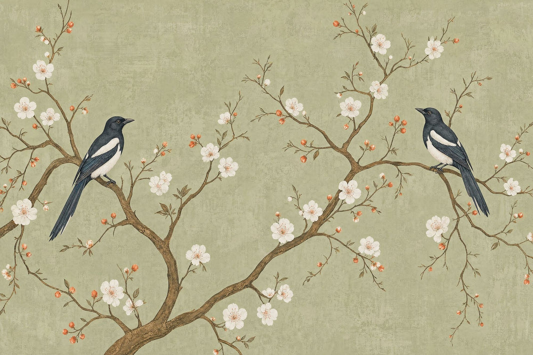 Chinoiserie Wallpaper Blossom Branches Sage Green Wall Mural pattern artwork