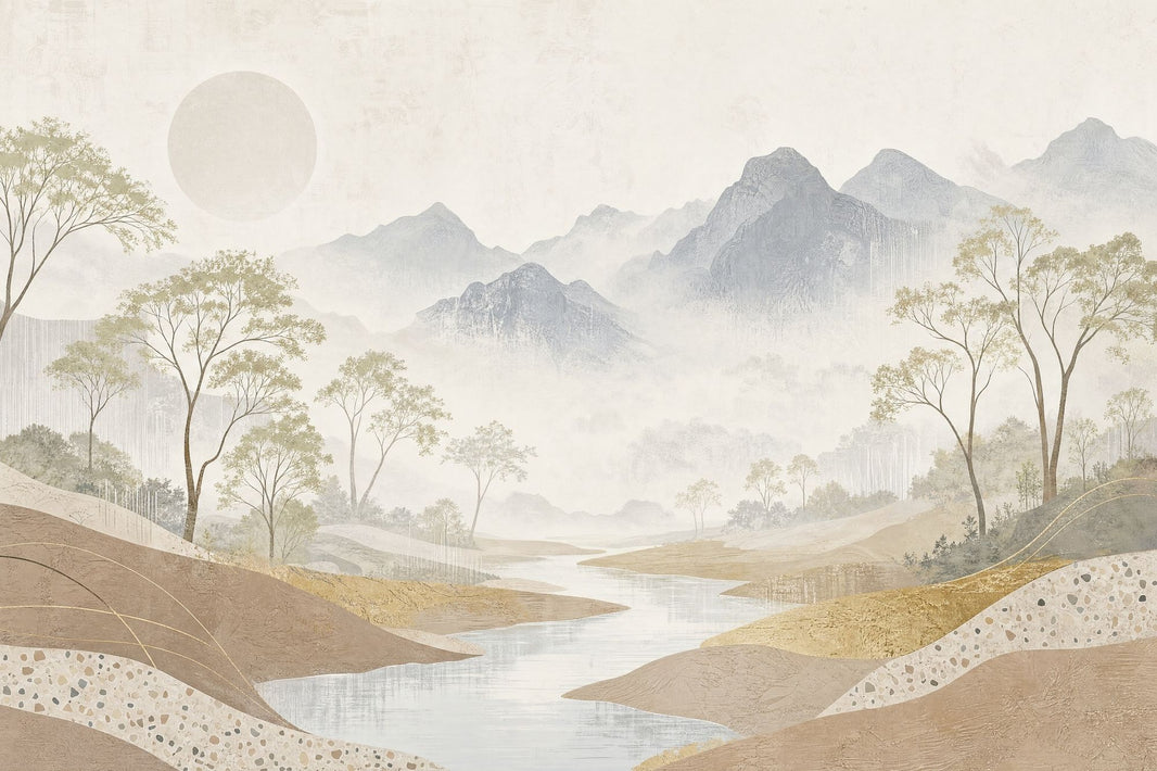 Misty Mountains Wallpaper River Landscape Removable Slender Trees Wall Decor pattern artwork