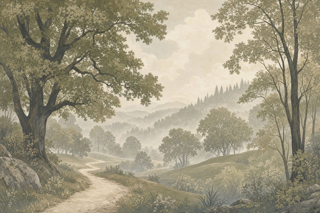Misty Forest Wallpaper Scenic Landscape Forest Sage Green Removable Wall Decor pattern artwork