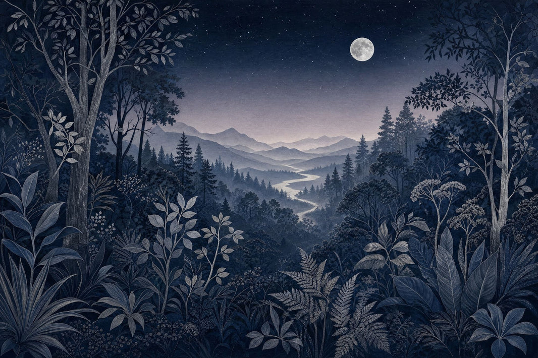 Moonlit Forest Wallpaper Night Landscape Removable Navy Botanical Wall Decor pattern artwork