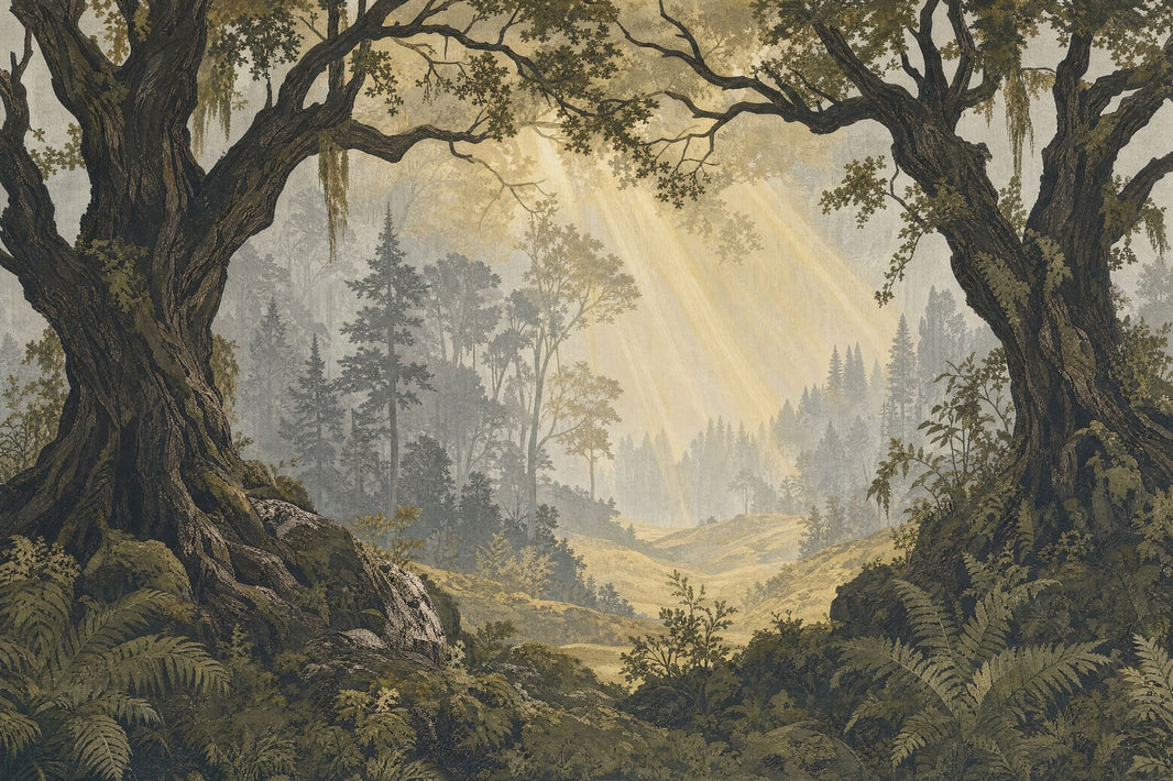 Forest Landscape Wallpaper Vintage Woodland Sunbeams Wall Mural pattern artwork