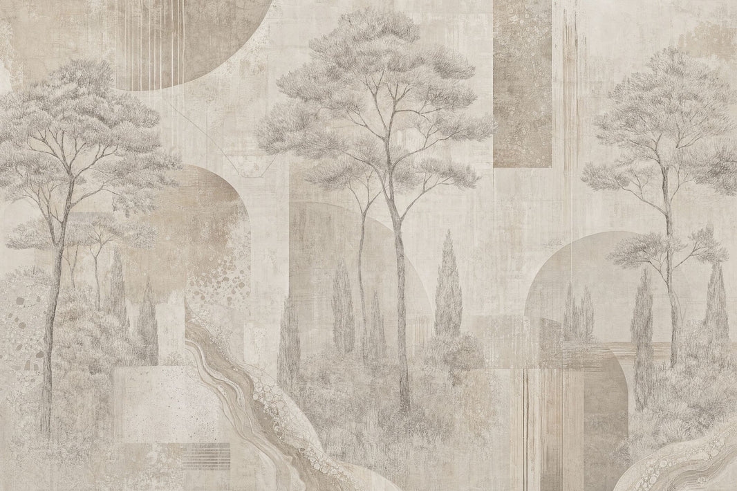 Mediterranean Landscape Wallpaper Tuscan Trees Textured Plaster Wall Mural pattern artwork