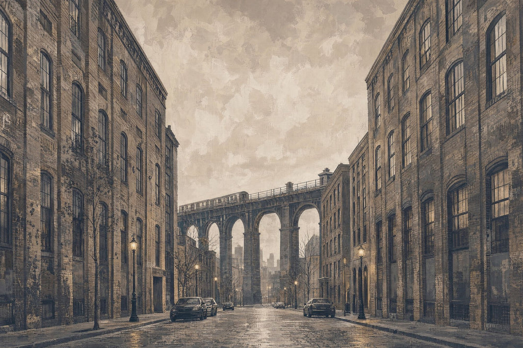 Industrial Cityscape Wallpaper Vintage Urban Brick Buildings Wall Mural pattern artwork