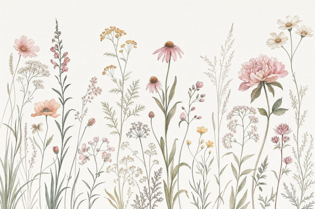 Muted Green Wallpaper Wildflower Removable Botanical Wall Decor pattern artwork