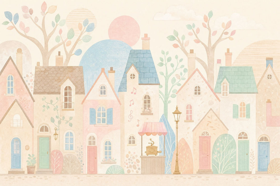 Pastel Village Wallpaper Watercolor Houses Storybook Town Removable Wall Decor pattern artwork