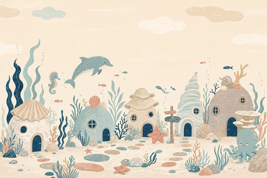 Underwater Village Wallpaper Ocean Sea Creatures Removable Wall Decor pattern artwork