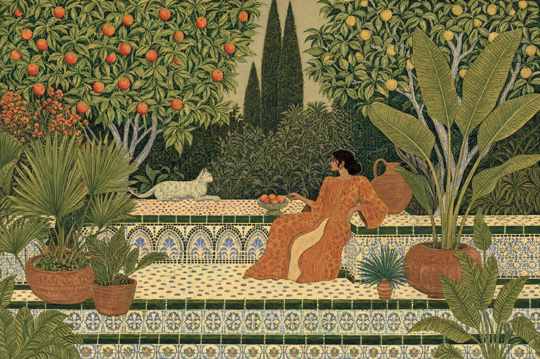 Mediterranean Garden Wallpaper Orange Trees Removable Tropical Foliage Wall Decor pattern artwork