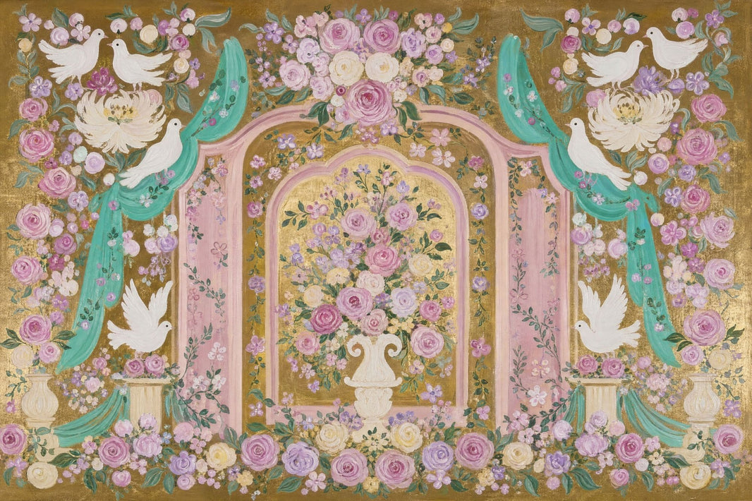 White Doves Wallpaper Pink Roses Ornate Arches Wall Mural pattern artwork