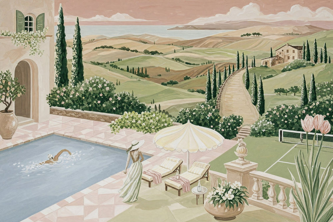 Tuscan Landscape Wallpaper Mediterranean Villa Rolling Hills Wall Mural pattern artwork