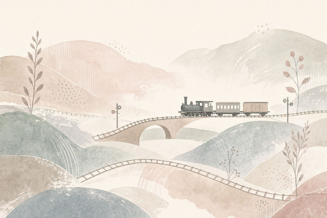 Steam Train Wallpaper Watercolor Landscape Vintage Countryside Removable Wall Decor pattern artwork