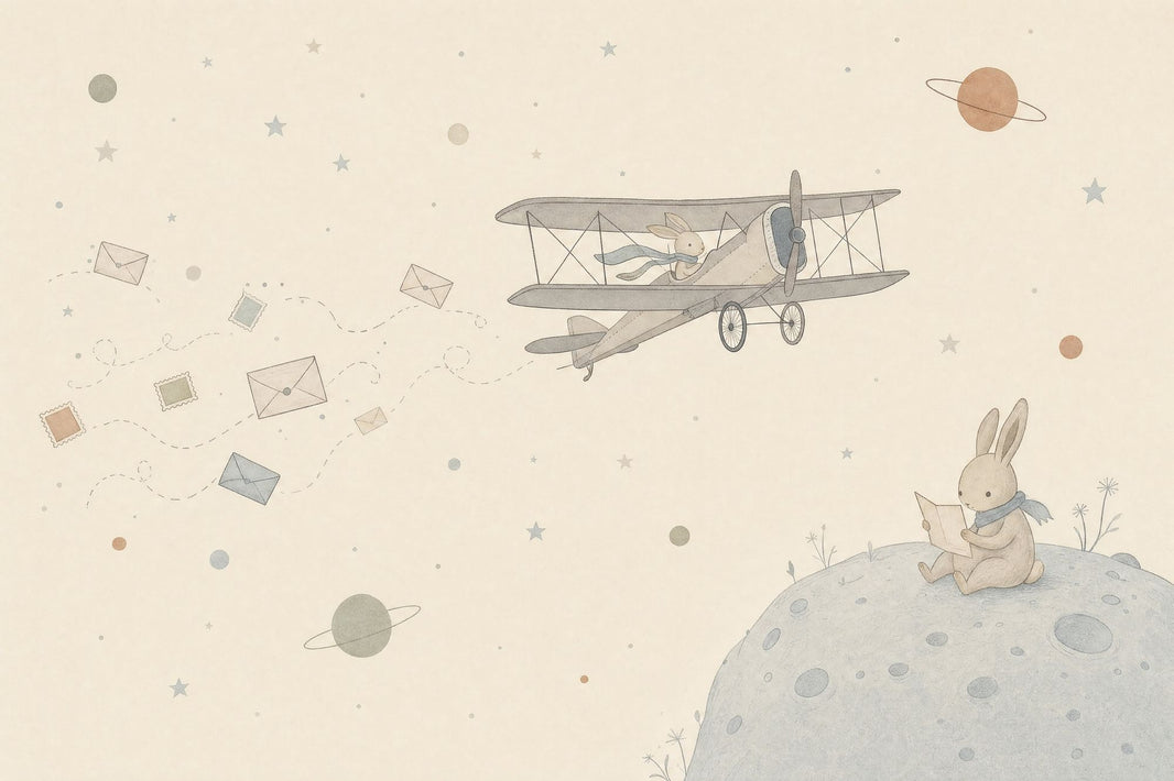 Whimsical Space Wallpaper Rabbit Vintage Airplane Removable Wall Decor pattern artwork