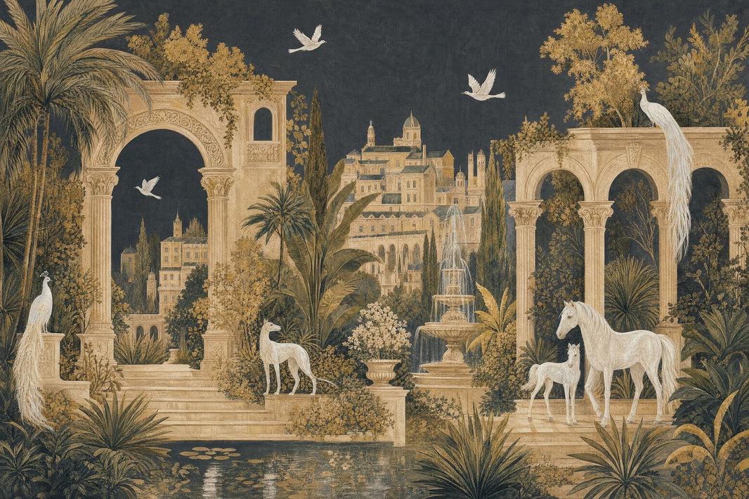 Muted Green Wallpaper Neoclassical Palace Wall Mural pattern artwork