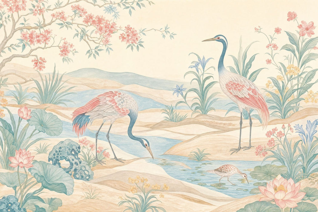 Chinoiserie Wallpaper Cranes Lotus Wall Mural pattern artwork