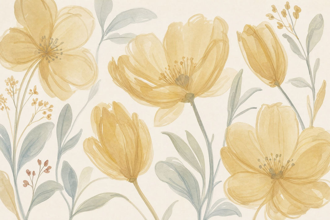 Watercolor Wallpaper Yellow Flowers Removable Vintage Wall Decor pattern artwork