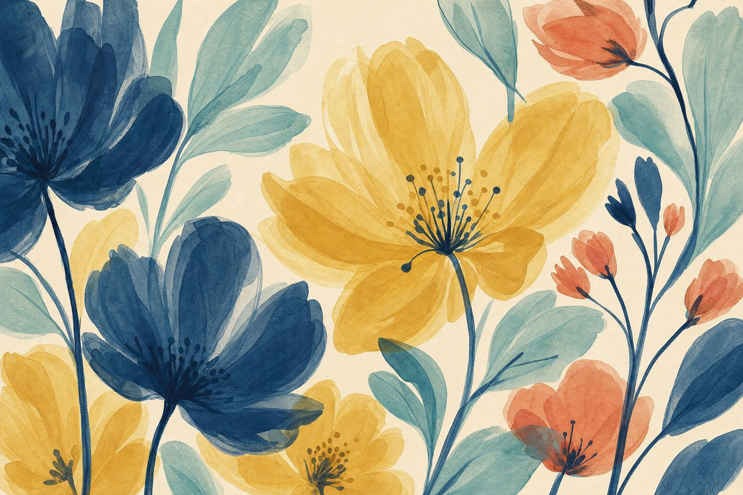 Watercolor Floral Wallpaper Botanical Removable Blue Flowers Wall Decor pattern artwork
