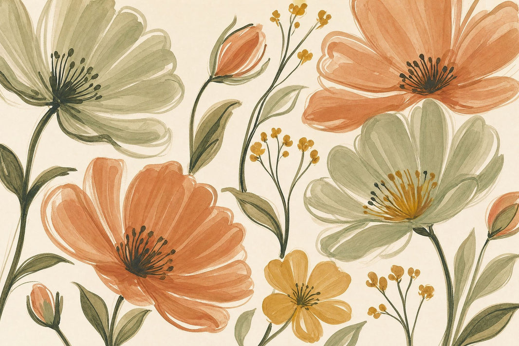 Terracotta Flowers Wallpaper Watercolor Botanical Wall Mural pattern artwork