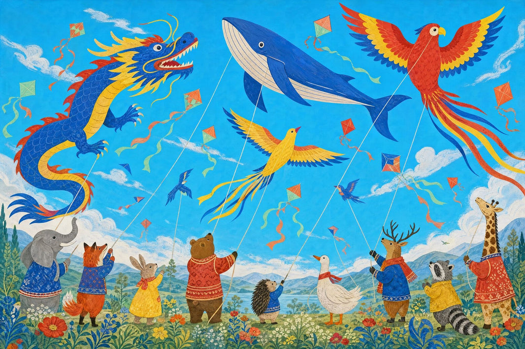Whimsical Animals Wallpaper Kite Festival Dragon Kite Wall Mural pattern artwork