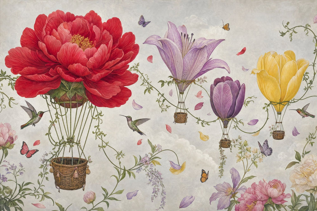 Floral Hot Air Balloons Wallpaper Vintage Botanical Removable Whimsical Garden Wall Decor pattern artwork