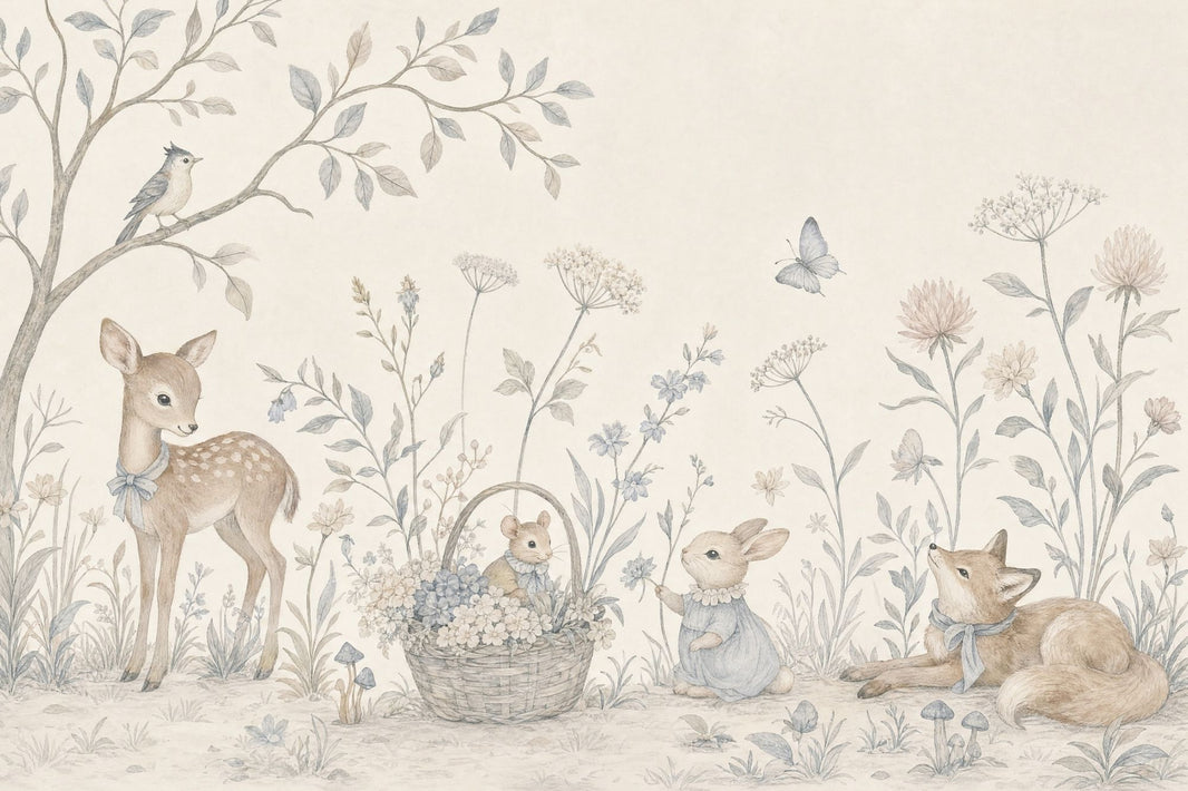 Woodland Animals Wallpaper Floral Meadow Watercolor Wall Mural pattern artwork