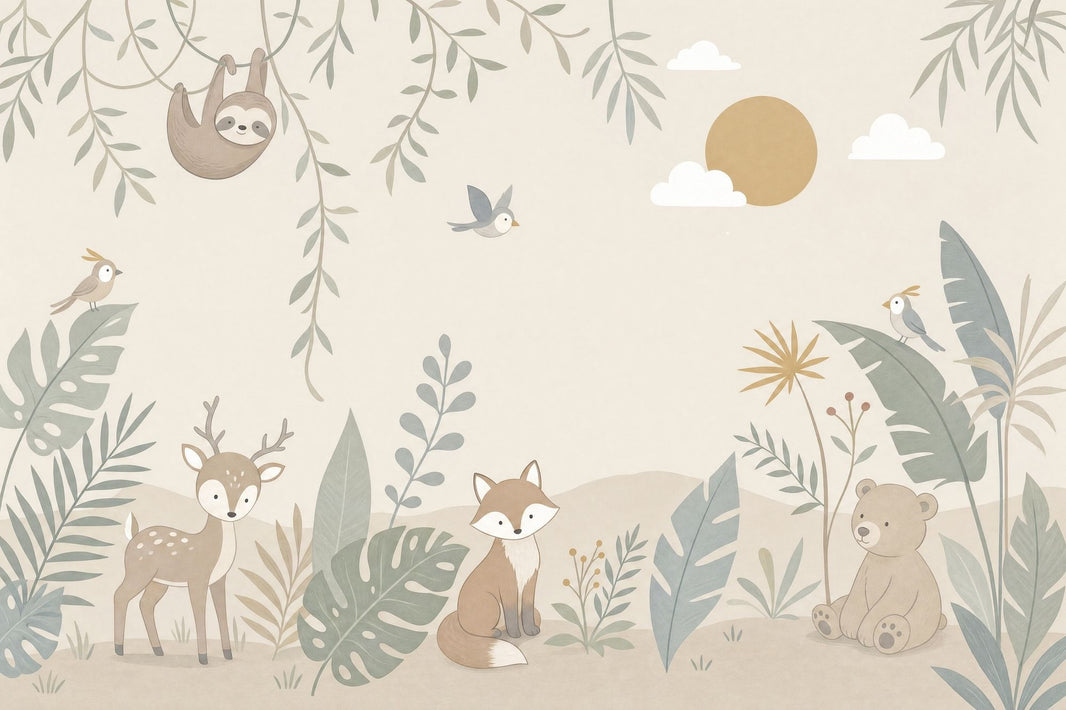 Nursery Jungle Wallpaper Woodland Animals Tropical Leaves Removable Wall Decor pattern artwork