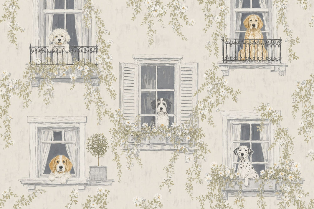 French Country Wallpaper Dogs Windows Wall Mural pattern artwork