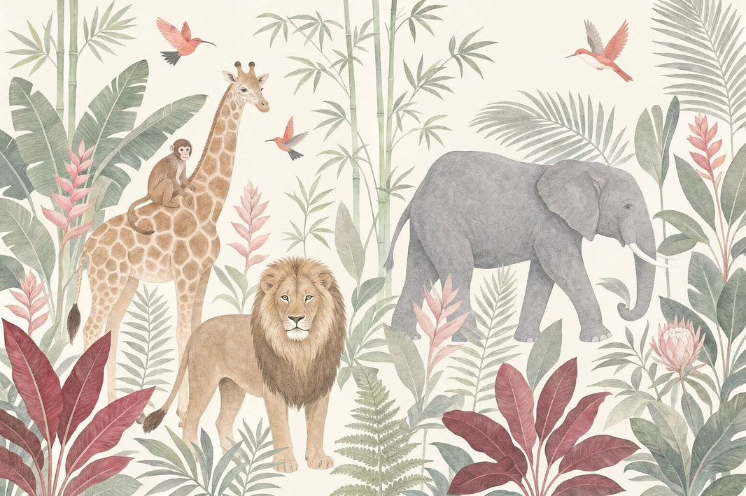 Tropical Safari Wallpaper Jungle Animals Watercolor Wall Mural pattern artwork