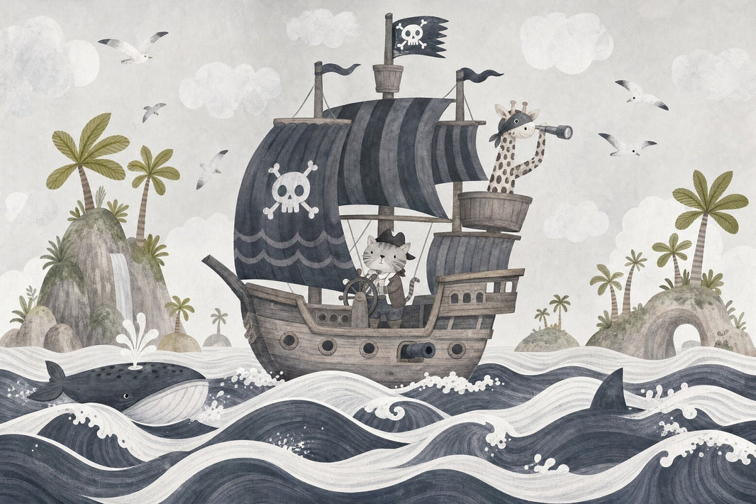 Pirate Ship Wallpaper Ocean Waves Tropical Islands Wall Mural pattern artwork