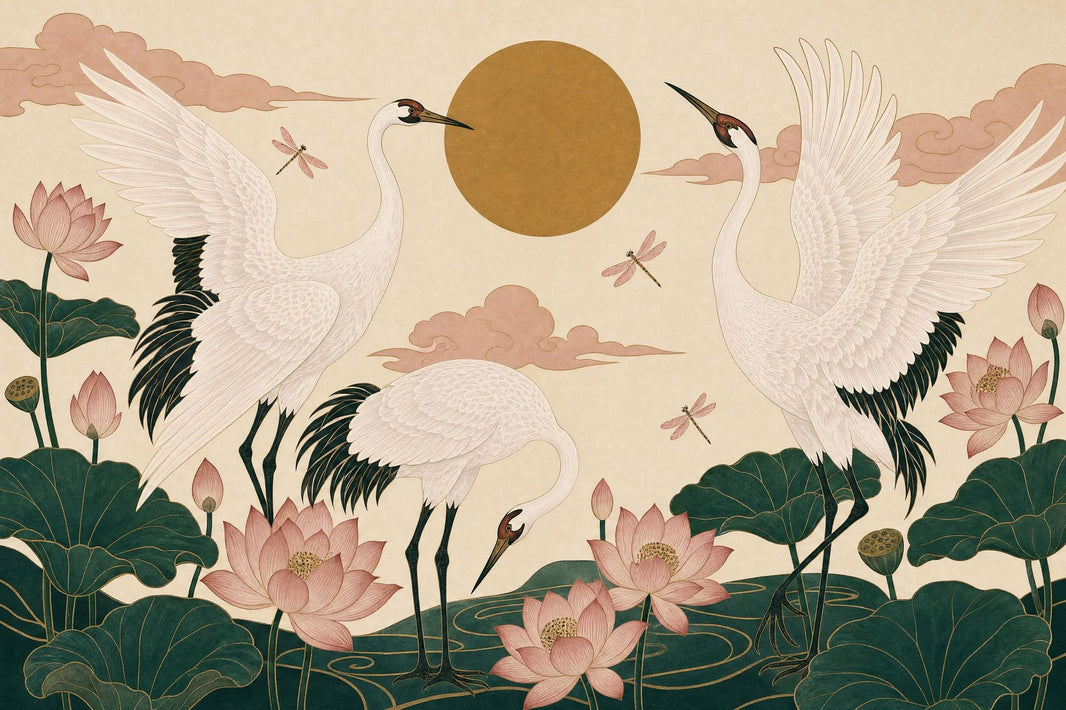 Cranes Wallpaper Lotus Flowers Removable Oriental Wall Decor pattern artwork