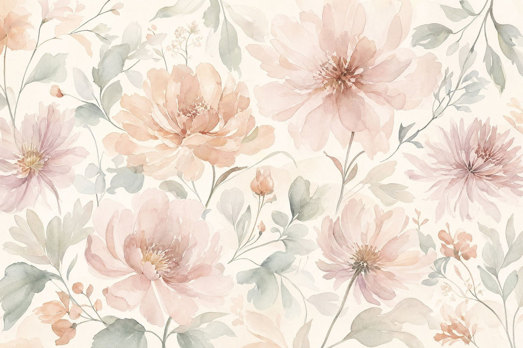 Watercolor Floral Wallpaper Ivory Background Romantic Garden Wall Mural pattern artwork