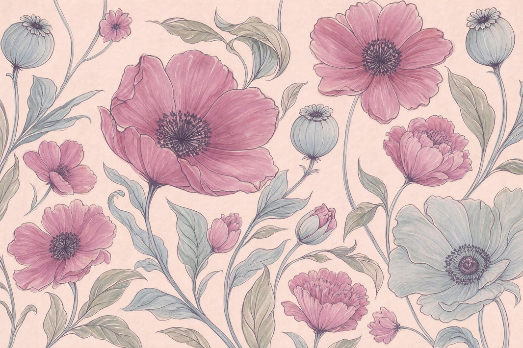 Pink Flowers Wallpaper Botanical Removable Vintage Wall Decor pattern artwork