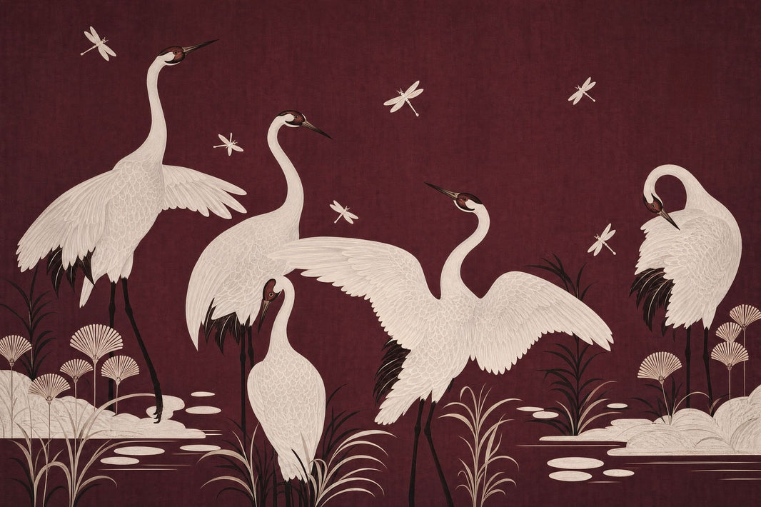 White Cranes Wallpaper Oriental Dragonflies Removable Wall Decor pattern artwork