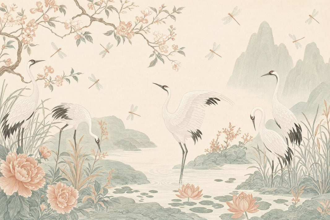 Chinoiserie Wallpaper Cranes Removable Floral Wall Decor pattern artwork
