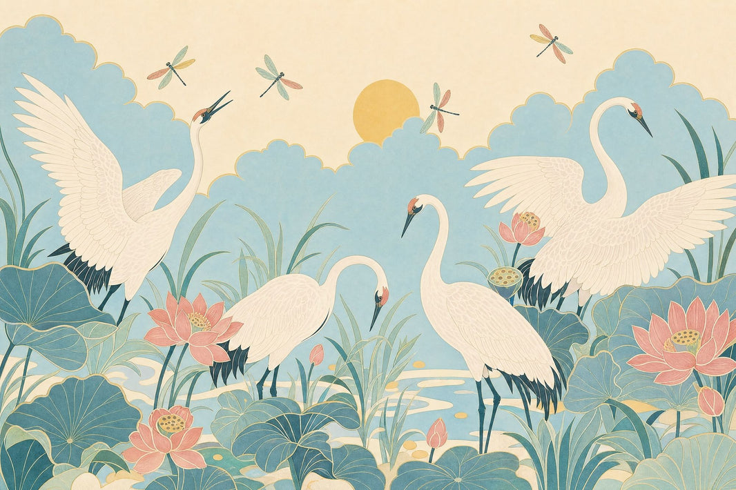 Muted Green Wallpaper Lotus Cranes Wall Mural pattern artwork