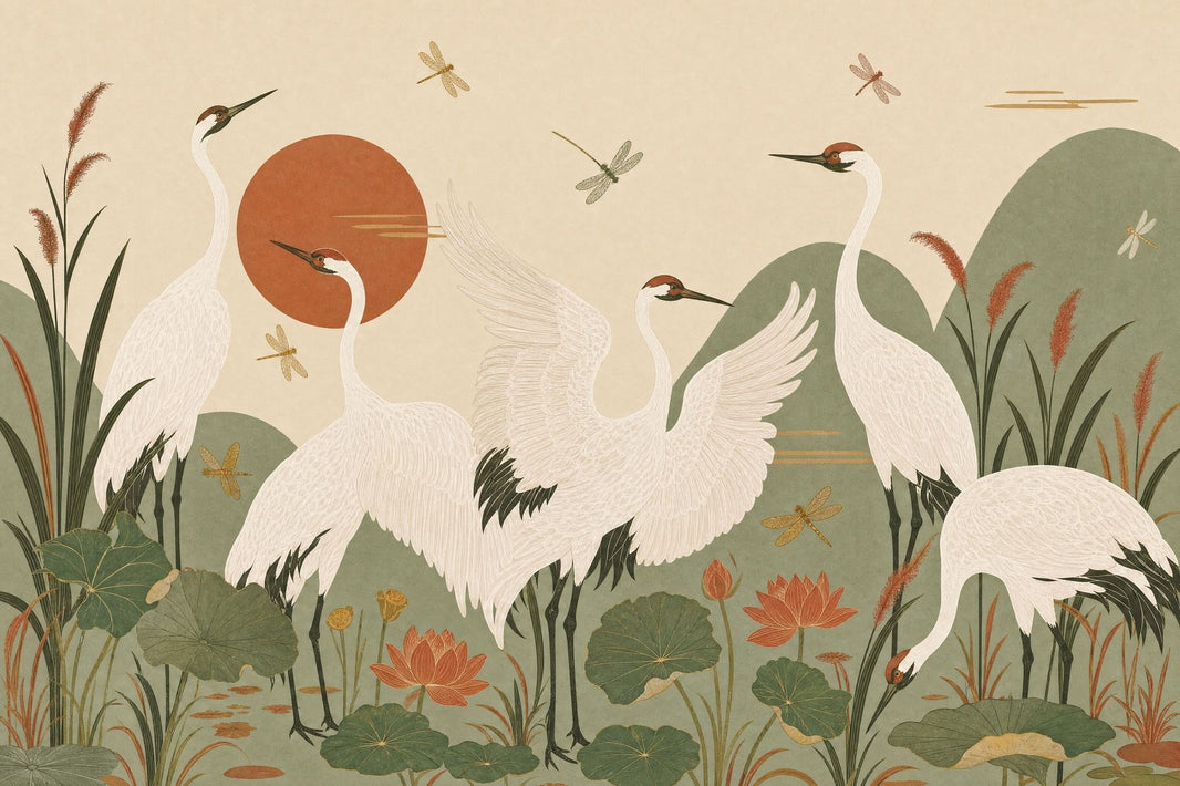 Cranes Wallpaper Lotus East Asian Removable Wall Decor pattern artwork