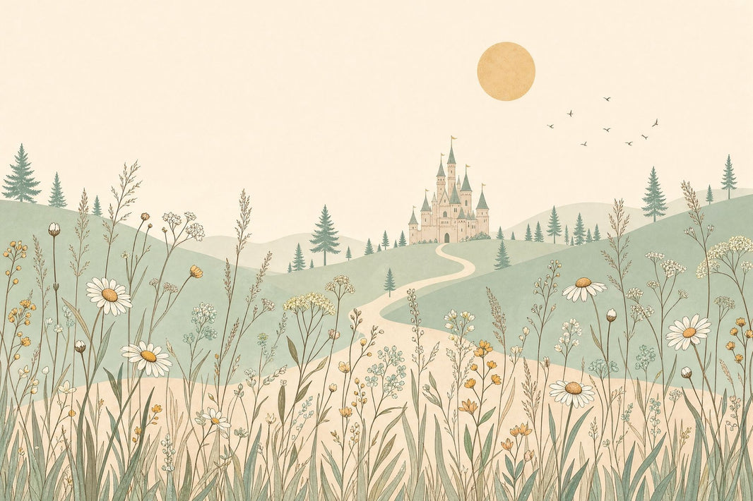 Fairytale Castle Wallpaper Wildflowers Rolling Hills Wall Mural pattern artwork