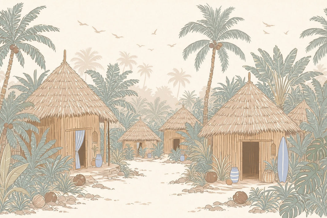 Tropical Village Wallpaper Thatched Huts Removable Palm Trees Wall Decor pattern artwork
