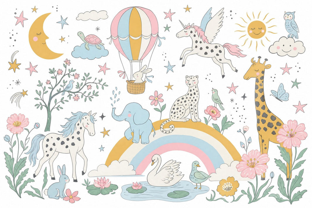 White Background Wallpaper Hot Air Balloon Rainbow Wall Mural pattern artwork