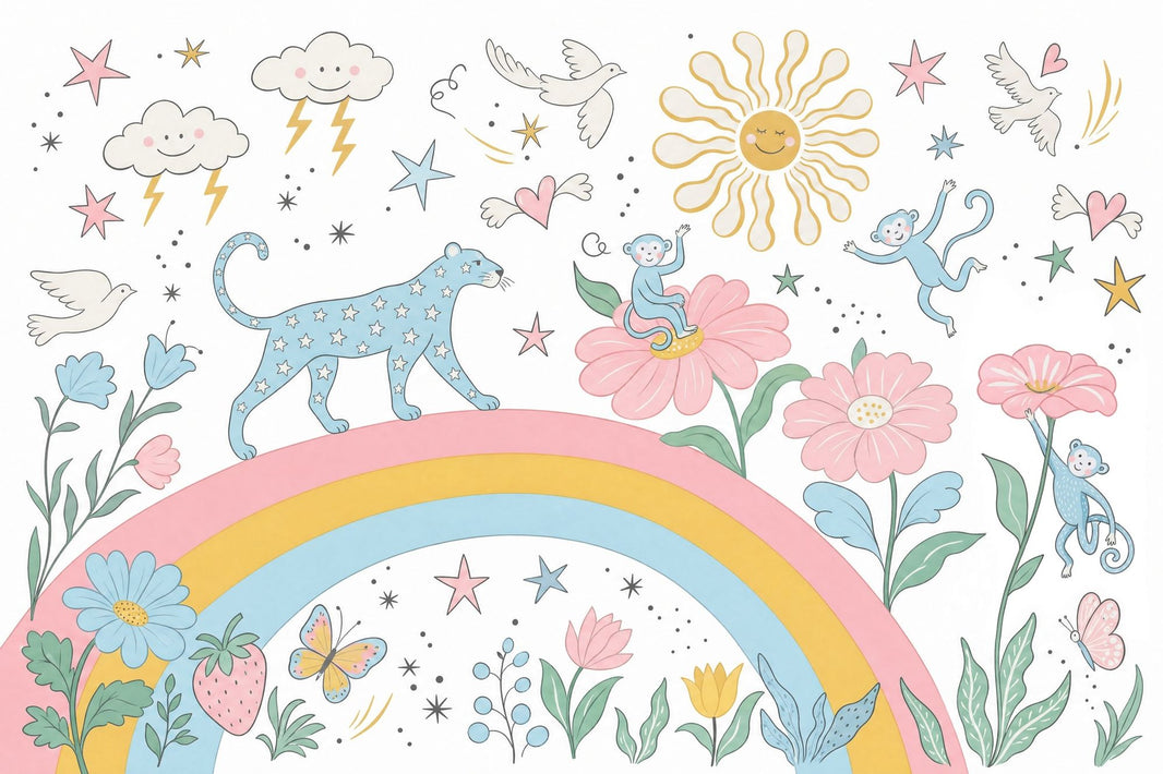 White Background Wallpaper Pastel Kids Removable Whimsical Wall Decor pattern artwork