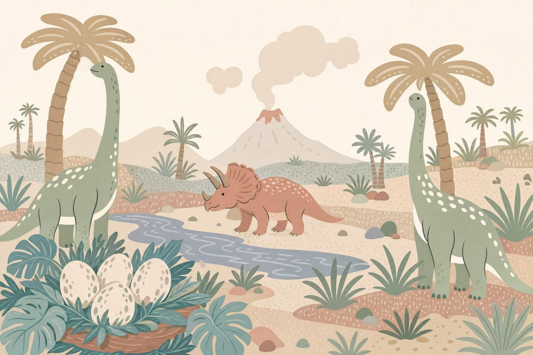 Dinosaur Landscape Wallpaper Prehistoric Scene Tropical Valley Wall Mural pattern artwork