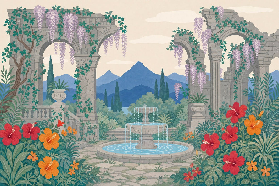 Mediterranean Garden Wallpaper Stone Ruins Classical Arches Removable Wall Decor pattern artwork