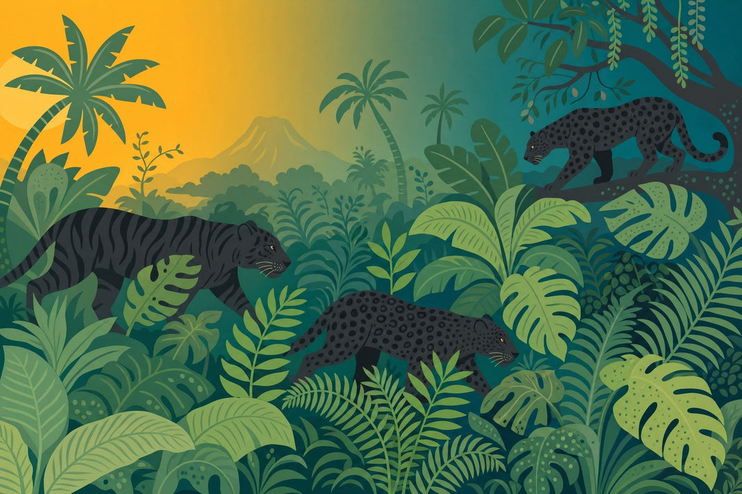 Tropical Jungle Wallpaper Black Panther Sunset Wall Mural pattern artwork